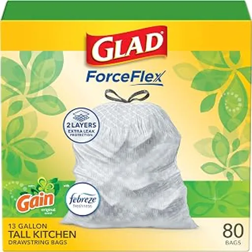 GladForceFlex Tall Kitchen Drawstring Trash Bags, 13 Gal, Gain Original, 80 Ct (Package May Vary)