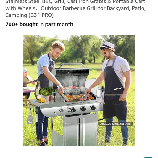34,000 BTU 3-Burner Propane Gas Grill with Side Burner, All Stainless Steel BBQ Grill, Cast Iron Grates & Portable Cart with Wheels,Outdoor Barbecue Grill for Backyard, Patio, Camping (G31 PRO)