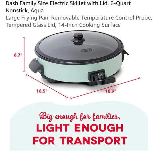 Dash Family Size Electric Skillet with Lid, 6-Quart Nonstick, Aqua