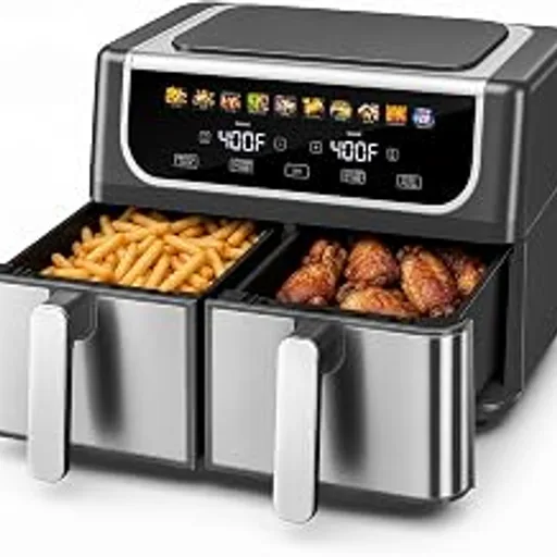 OLIXIS Dual Air Fryers with 2 Baskets 9.5 Quarts Large Airfryer 10-in-1 | Independent Temp Control 80-450°F, Ceramic Crisper Plate, Sync Setting, Shake Reminder