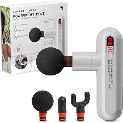 Sharper ImagePowerboost Move - Mini Percussion Massage Gun| 4 Attachments, 4 Speeds, FSA Eligible| Full Body Back & Shoulder Massager| Deep Tissue Muscle Recove