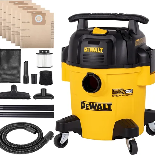 DEWALT Stealthsonic Shop Vacuum Wet and Dry, 5 Gal 4 HP Ultra-Quiet Vacuum Cleaner with Complete Accessory Kit and 6 Bonus Dust Bages - Ideal for Home, Jobsite, Workshop, Garage, Car DXV05P-QTA