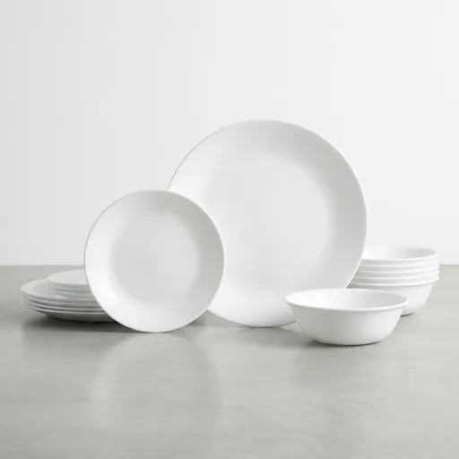 CorelleVitrelle 18-Piece Service for 6 Dinnerware Set Triple Layer Glass and Chip Resistant, Lightweight Round Plates and Bowls Set, Winter Frost White