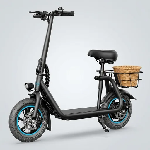 AWWSCOOTER C1 Electric Scooter with Seat for Adults, Foldable Commuter E-Scooter with Basket for Grocery, Pets, and Daily Commute– Classic Black