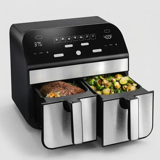Gourmia Dual Basket Air Fryer - 10 Qt Large Capacity, FryForce360º, Digital Display with 7 Presets, Roast, Bake, Broil, Dehydrate, Match Cook, Sync Finish, Dishwasher Safe Accessories, Black