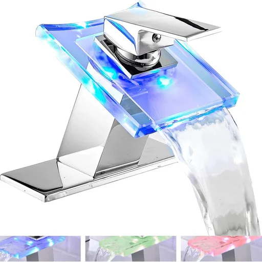 Bathroom Sink Faucet LED Light 3 Colors Changing Waterfall Glass Spout