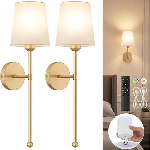 Battery Operated Wall Sconces, Gold, 2 Pack with Magnetic Bulbs,RF Remote