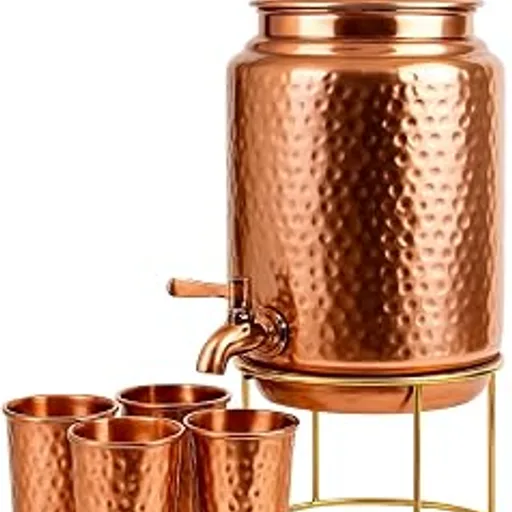 Pure Copper Hammered Water Dispenser Storage Water Tank with Tap and set of 4 Copper Glass | Water Pot | Cooper Water Storage Tank | 6.5 Ltr Capacity | 218 Oz