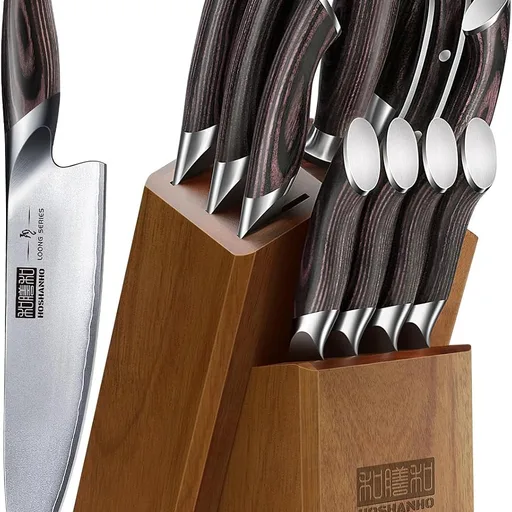 HOSHANHO 12PCS Knife Set with Block, Ultra Sharp Japanese Kitchen Knife Set | Professional Chef Knife Block Set with Japanese High Carbon Stainless Steel, Ergonomic Handle, Sharpener and Scissors, Gifts