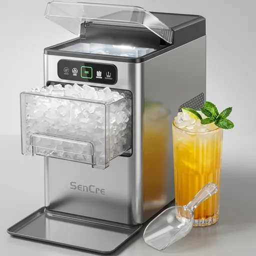 Nugget Ice Maker 40lbs/Day, Countertop Ice Maker Soft Chewable Ice, Ice Makers One-Click & Self-Cleaning, Crushed Pellet Ice Machine with Scoop&Basket for Home/Kitchen/Office, Stainless Silver