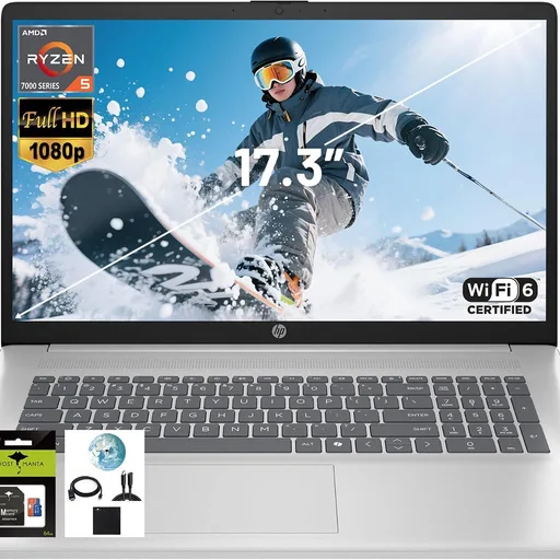 HP 17.3" FHD IPS Laptop, Quad Core AMD Ryzen 5 7520U (Beat i7-1255U) 8GB DDR5 RAM 512GB SSD, Business-Student Laptop with Copilot AI Fast Charge Private Webcam Wifi6 Win11, w/GM Accessory