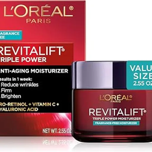 L'Oreal ParisRevitalift Triple Power Anti-Aging Face Moisturizer, Fragrance Free, Pro Retinol, Hyaluronic Acid & Vitamin C to Reduce Wrinkles, Firm & Brighten S