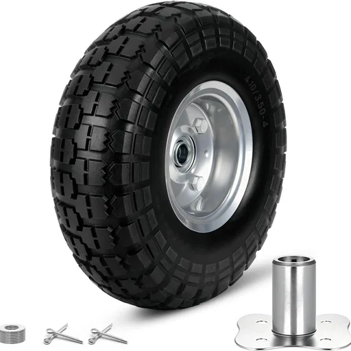 4.10/3.50-4 Tire Wheels Flat Free, 10 inch Solid Rubber Tire Wheels with 5/8'' Double Sealed Bearings, 2.2" Offset Hub, Perfect for Hand Truck Dolly Garden Trailer Gorilla Carts, 1 PACK