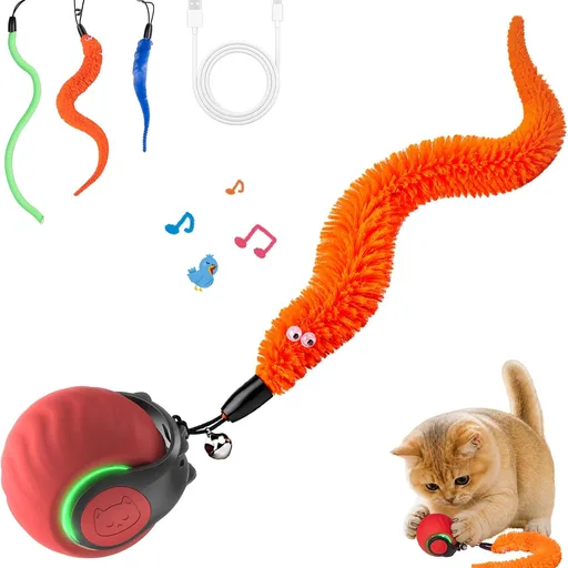 Interactive Cat Toys with Bird Sounds & 3 Speed Modes for Indoor Cats Play | Bird Sounds, 3 Speed Modes, Rechargeable Automatic Rolling, 3 Tails, Fast Charging Ball, For Indoor Cats on Hard Floor Carpet