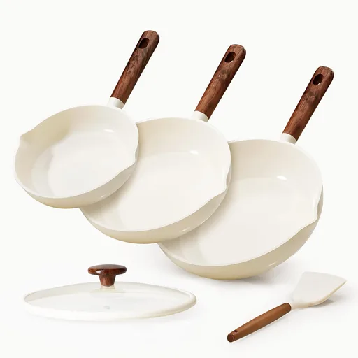 CAROTE Nonstick Frying Pans Skillets, 5 PCS Ceramic Coating Pans Set | Non-toxic Healthy PFAS Free, Induction Compatible, 8+9.5+11 Inch with Colander Lid and Spatula, Cream White