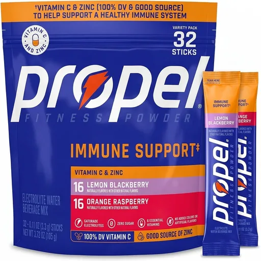 Propel Immune Support Electrolyte Powder Drink Mix, 2 Flavor Variety Pack, (32 Servings), 100% DV Vitamin C, Good Source of Zinc, Zero Sugar, No Added Colors, No Artificial Flavors