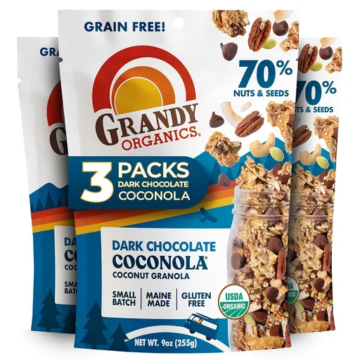 Grandy Organics Dark Chocolate Coconola - Certified Organic Grain Free Granola - 7g Protein - Gluten Free, Non GMO, Vegan & Paleo Friendly - Chocolate, Coconut, Nuts & Seeds - 3 Pack, 9oz Bags