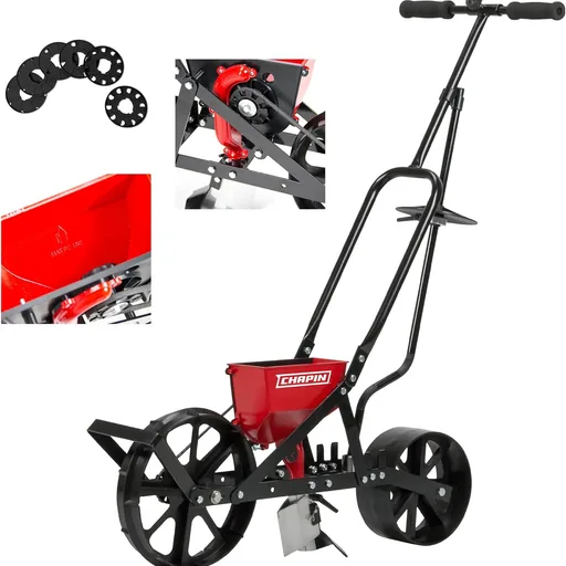 Chapin 8701B Garden Push Seeder Planter with 6 Seed Plates for up to 20 Varieties of Seeds, Zinc Plow Blade, Row Marker, Powder Coated Steel Frame, Red/Black