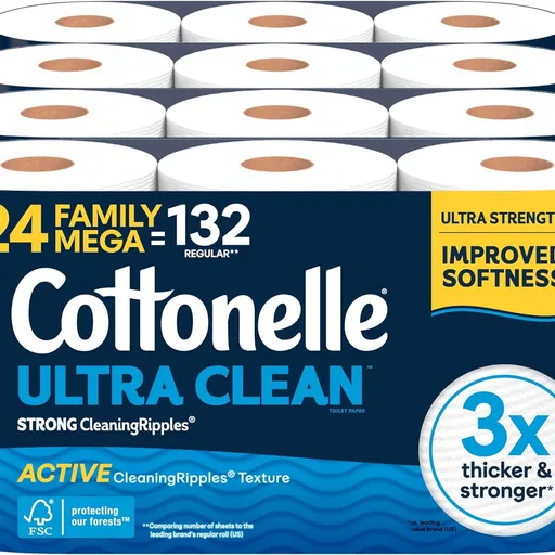 Cottonelle Ultra Clean Toilet Paper, 24 Family Mega Rolls=132 Regular Rolls