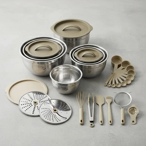 Mixing Bowls with Airtight Lids Set, 26PCS Stainless Steel Khaki Bowls with Grater Attachments, Non-Slip Bottoms & Kitchen Gadgets Set, Size 7, 4, 2.5, 2.0,1.5, 1QT, Great for Mixing & Serving
