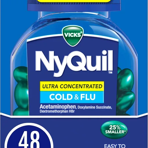 NyQuil Ultra Concentrated Cold and Flu Medicine, Nighttime, Relief for Cough, Sore Throat, Fever, Congestion, Easy to Swallow, Easy to Open Bottle, 48 LiquiCaps