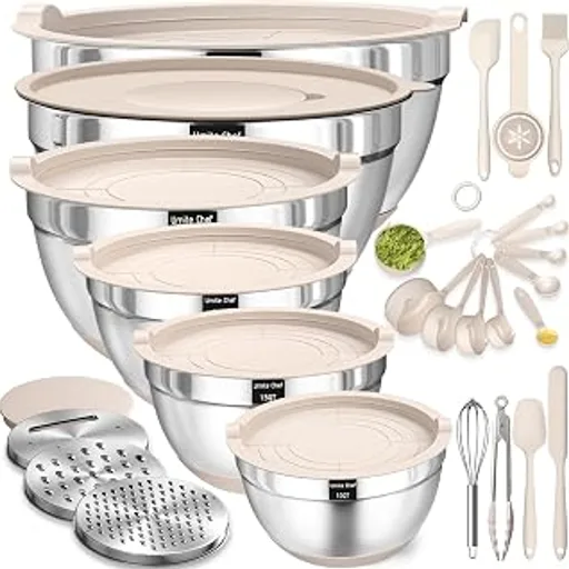 Mixing Bowls with Airtight Lids Set, 26PCS Stainless Steel Khaki Bowls with Grater Attachments, Non-Slip Bottoms & Kitchen Gadgets Set, Size 7, 4, 2.5, 2.0,1.5,