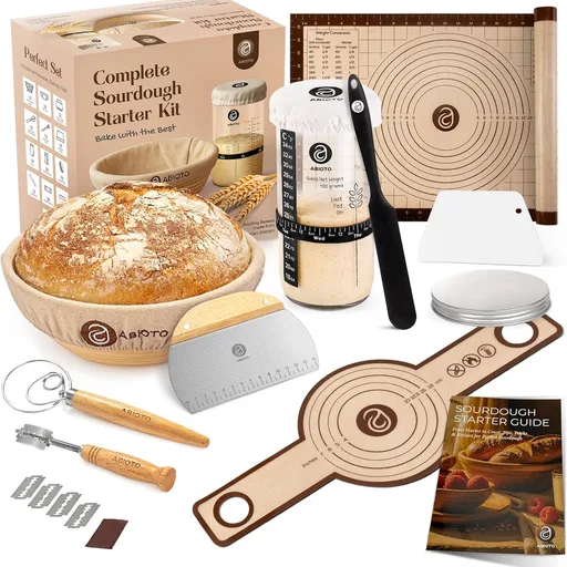 https://a.co/d/0218Fuxo Starter Kit with 9" Round Banneton Proofing Basket and 24oz Starter Jar - Beginner-Friendly Sourdough Bread Baking Supplies and Baking Gifts for Women, Men, and Bread Bakers