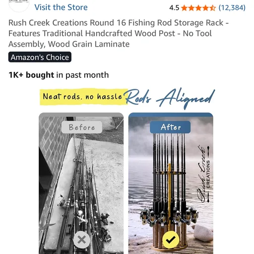 Rush Creek Creations Round 16 Fishing Rod Storage Rack - Features Traditional Handcrafted Wood Post - No Tool Assembly, Wood Grain Laminate