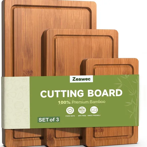 3-Piece Set Bamboo Cutting Board for Kitchen - Crack-Resistant Wood Chopping Boards with Deep Juice Grooves, Pre-Oiled Butcher Block for Meat, Vegetables & Cheese, Carbonized