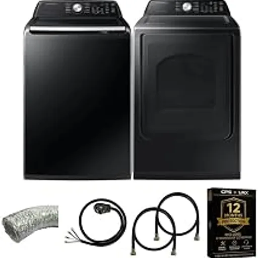Samsung Smart 4.7 Cu Ft Top Load Washer & 7.4 Cu Ft Electric Dryer, Sensor Stops Overdrying, Low Vibration Quiet Wash, WaterJet w/Power Cords, Hoses, Vent Duct,