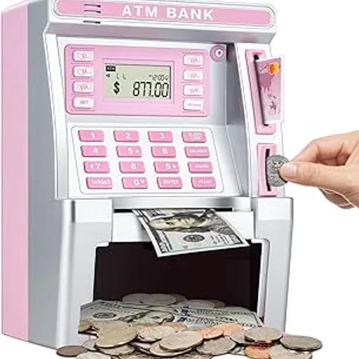 Pink Piggy Bank for Kids, ATM Machine Bank for Real Money with Debit Card, Bill Feeder, Coin Recognition, Balance Calculator, Electronic Savings Safe Box, Gifts