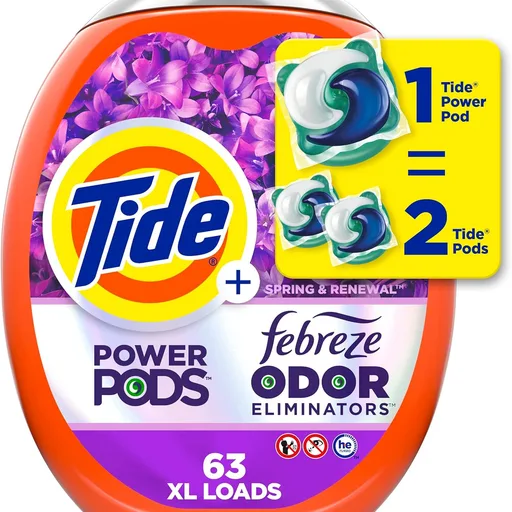 Tide Power Pods with Febreze Laundry Detergent Pacs, 63 Count, Spring & Renewal Scent, All-Day Freshness