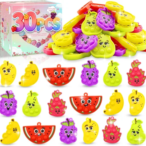 BicMan 30Pcs Fruit Pop Keychain Fidget Toys Pack, Party Favors for Kids Sensory Mini Pop it Toy, Easter Egg Fillers Goodie Bag Stuffers, Treasure Box Classroom Prizes Box Birthday Gift Pinata Fillers