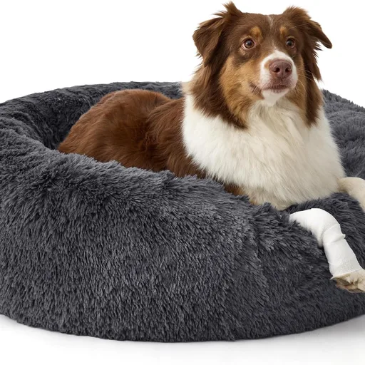 Bedsure SupportMax™ Calming Dog Beds Large Sized Dog Washable Pet Bed,36in | 420GSM Plush Fluffy Donut Round,Thick Supportive,Removable Cover,Anti-Slip,Anti-Anxiety,for Big Dogs up to 80 Lbs,Dark Grey