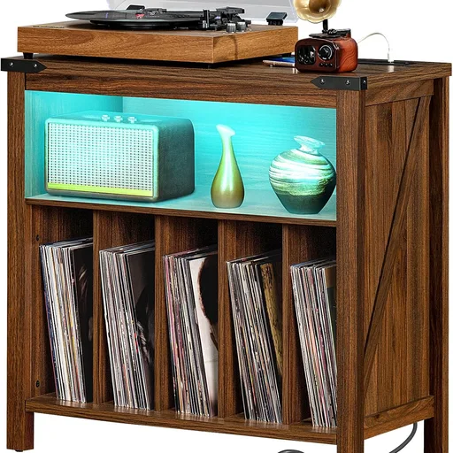 Joaxswe Large Record Player Stand with Charging Station & LED Lights, Vinyl Records Storage Holder Cabinet Holds up to 230 Albums, Turntable Stand for Music Room, Bedroom, Living Room, Office (Brown)