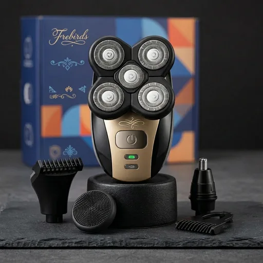 Freebird FlexSeries Electric Head & Body Hair Shaver - Mens Cordless Rechargeable Wet/Dry Skull Bald Head Back & Groin Waterproof Razor with Rotary Blades, Clippers, Nose Trimmer, Brush, Massager