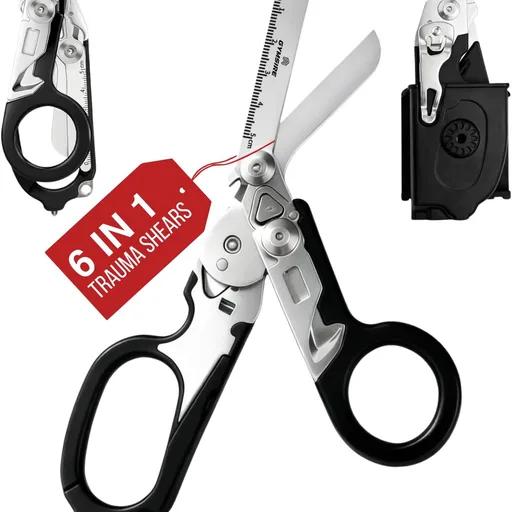 Heavy Duty 6 in 1 Multifunctional Trauma Shears Foldable | Stainless Steel emergency response scissors | Survival Shears with Holster | Medical Trauma shears Tactical With Strap Cutter | Black