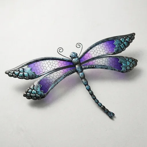 Dragonfly Outdoor Wall Decor for Garden Fence Patio, Outdoor Fence Wall Art Decor, 14" Hanging Metal & Glass Dragonfly Gifts Sculpture (Grey Purple)