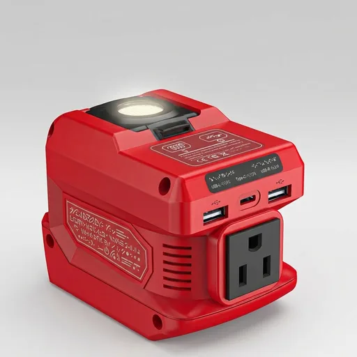 220W Azocek Power Inverter Compatible with Milwaukee 18V Battery, DC 18V to AC 110V Portable Power Station with 1 AC Outlet, 2 USB Ports & 1 Type-C Fast Charging, 400LM LED Work Light