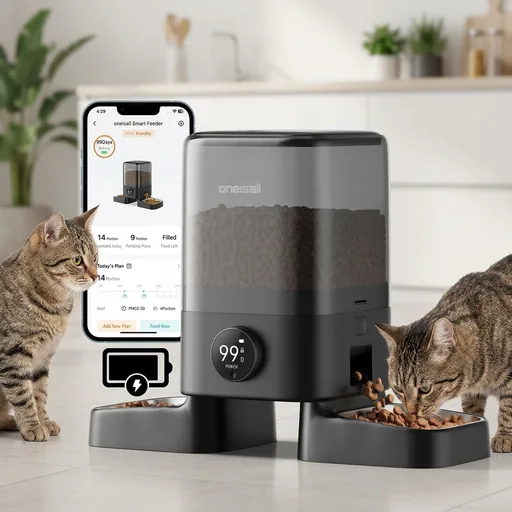 oneisall Cordless 2.4Ghz WiFi Automatic Cat Feeder for 2 Cats, Rechargeable 100-Day Battery Operated Auto Cat Feeder, 20 Cups/5L Timed Cats Food Dispenser Automatic for Large Kibble, Smart App Control