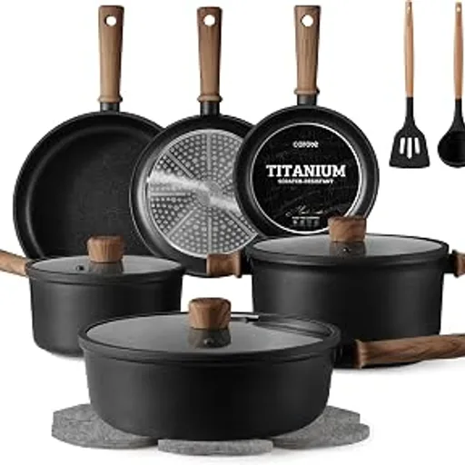 CAROTE 16pcs Pots and Pans Set, Nonstick Cookware Sets | Titanium Reinforced Coating, Scratch-Resistant, Easy to Clean, Even Heating, Induction Compatible, with