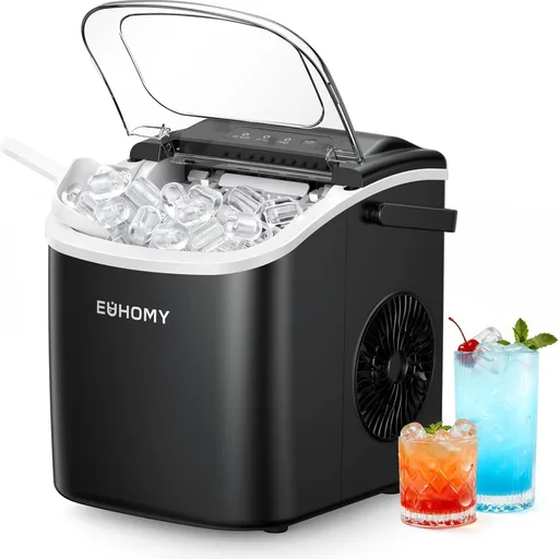 EUHOMY Countertop Ice Maker Machine with Handle, 26lbs in 24Hrs, 9 Ice Cubes Ready in 6 Mins, Auto-Cleaning Portable Ice Maker with Basket and Scoop, for Home/Kitchen/Camping/RV. (Black)
