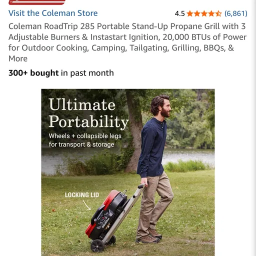Coleman RoadTrip 285 Portable Stand-Up Propane Grill with 3 Adjustable Burners & Instastart Ignition, 20,000 BTUs of Power for Outdoor Cooking, Camping, Tailgating, Grilling, BBQs, & More