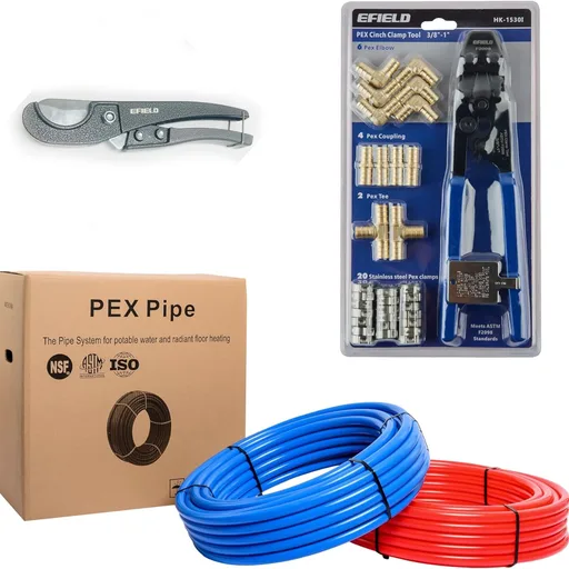 EFIELD 1/2-inch PEX Pipe Plumbing Installation Kit: 1/2-Inch X 200 ft Pex-b Tubing (100 ft Red + 100ft Blue), 12 Pcs Pex Brass Fittings, Cinch Clamp Fastening Tool and 20 Pcs 1/2" Clamps,(AB21530I)