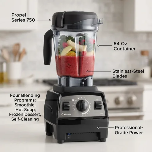 Vitamix Propel Series 750 Professional-Grade Blender with Four Blending Programs for Smoothies, Soups and More, Self-Cleaning, Stainless-Steel Blades, 64 Oz Container, Black