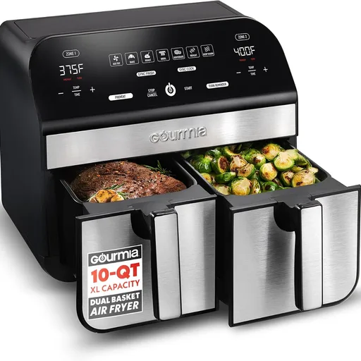 Gourmia Dual Basket Air Fryer - 10 Qt Large Capacity, FryForce360º, Digital Display with 7 Presets, Roast, Bake, Broil, Dehydrate, Match Cook, Sync Finish, Dishwasher Safe Accessories, Black