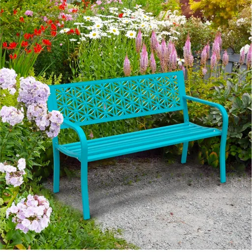 VINGLI 50" Outdoor Bench Metal with Floral Back, Garden Bench Front Porch Benches for Yard Patio Entryway Park, 800lb Capacity - Blue