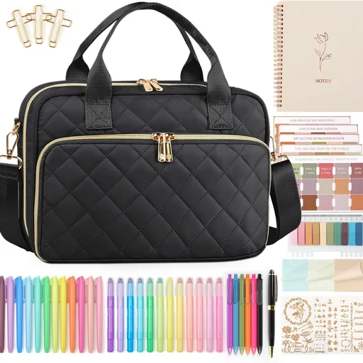 BellaHold All-in-One Bible Journaling Kit – Quilted Bible Cover Case for Women, 31 Highlighters, 75 Tabs, Bible Study Supplies & Christian Gift for Women and Teens (Shoulder Strap, Black)