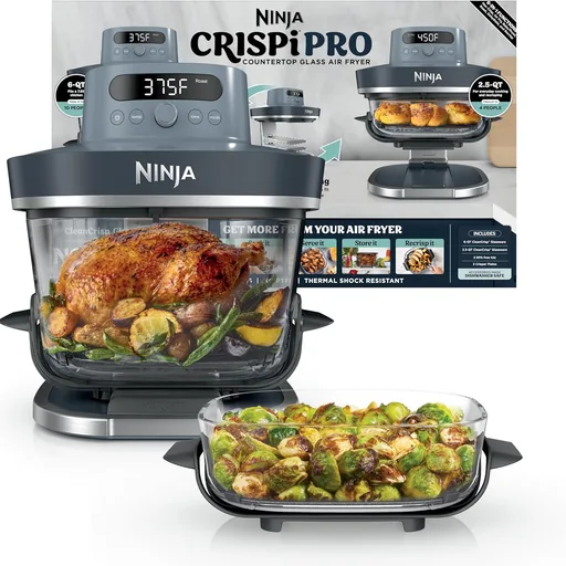 Ninja Crispi Pro 6-in-1 Glass Air Fryer | With Nontoxic, 6qt & 2.5qt Containers & Lids | Microwave, Freezer, Dishwasher Safe | 450°F Max Temp | 1800 Watt | Cyberspace | AS101CY