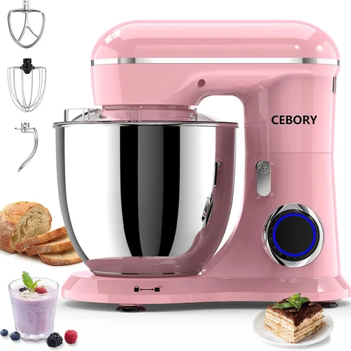 CEBORY 3-IN-1 Electric Stand Mixer, 6.5QT Bowl 660W 10-Speed Kitchen Mixer, Household Food Mixers include Dough Hook, Beater and Whisk, Bread Cake Mixer for Baking and Most Home Cooks, Pink